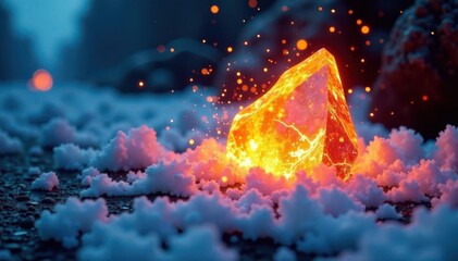 Fiery ice shards clashing, electric sparks ignite , backdrop, shimmering