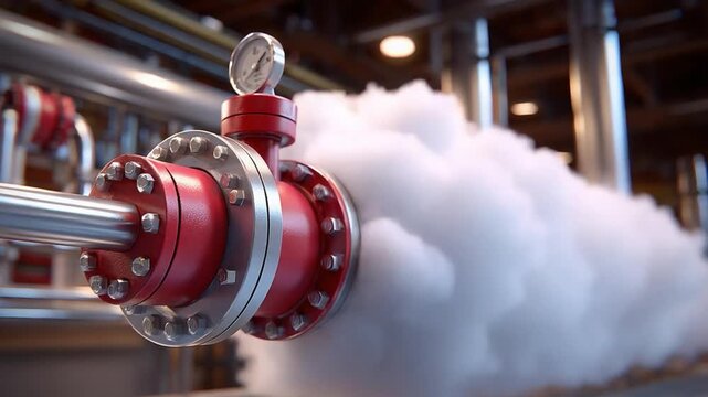 Steam vent release in industry: Industrial equipment showing the release of steam. capturing the powerful energy, technical precision, and dynamic industrial environment.