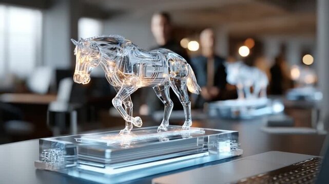 Crystal Horse Trophy: A modern office setting features a striking crystal horse trophy, showcasing innovative design and symbolizing ambition and achievement. The sleek.