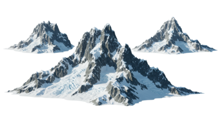 Three distinct hyper-realistic 3d alpine mountain ranges featuring granite peaks, snowpack, and blue glacier ice, sharply rim-lit against a transparent background. Graphic design element concept