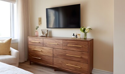Modern American-style living room interior featuring a walnut wood dresser with 6 drawers, rich natural wood grain, clean flat panels, minimalist modern design