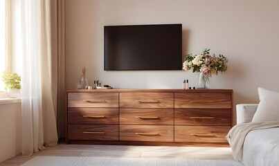 Modern American-style living room interior featuring a walnut wood dresser with 6 drawers, rich natural wood grain, clean flat panels, minimalist modern design