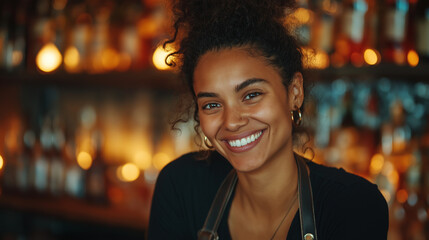 Fototapeta premium Smiling Bartender Woman with Mixed Beverages at Lively Nightlife Bar – Happy and Professional Service in an Urban Setting