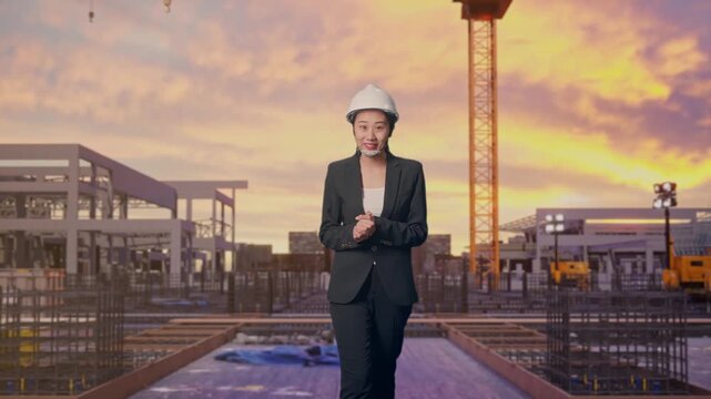 Front View of Asian Businesswoman Walking and Speech at Construction Site while Sunset with Tower Cranes and Building Foundations
