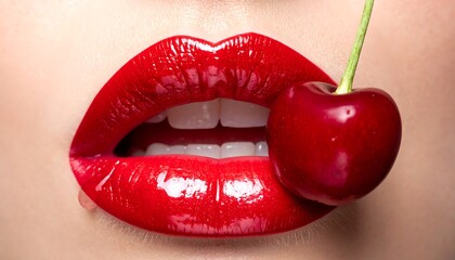 Sensual Red Lips with Cherry - A Tempting and Alluring Close-Up.
