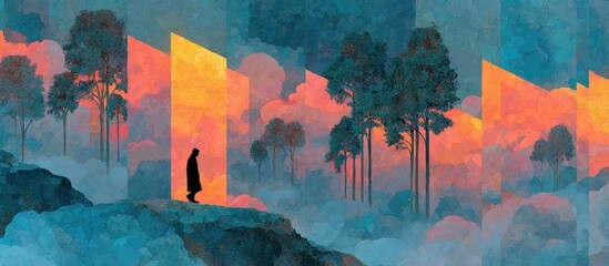 A figure walks toward a portal in a surreal landscape