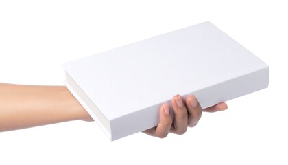 Hand holding a blank white box for product presentation.