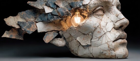Sculpture of a human face with broken pieces revealing an illuminated light bulb