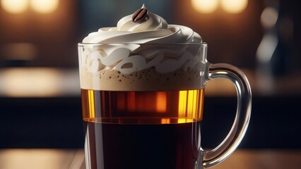 A glass mug of frothy beer with a creamy head and handle on a blurred background
