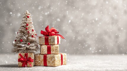 Christmas scene with a small pine tree wrapped in red ribbons, three stacked gift boxes with gold patterns, and light snow falling on a light gray background.	