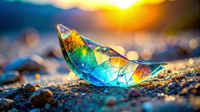 Abstract gemstone on beach with sunlight and natural environment