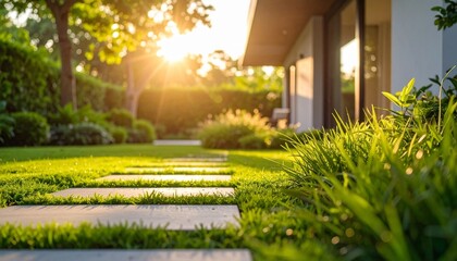 Inviting residential backyard garden with stepping stone path grass and glowing plants in warm evening sunlight