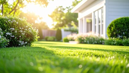 Fototapeta premium Low perspective view of manicured garden lawn with flowering shrubs and modern house in warm golden sunlight