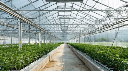 translucent photovoltaic panel array on agricultural greenhouse roof, intelligent drip irrigation cultivation racks below, background is crop growth monitoring screen and farmland	