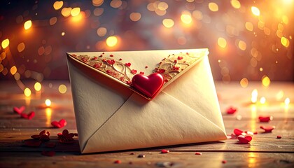 A close-up shot of a cream-colored envelope adorned with a red heart and scattered hearts. Warm lighting creates a festive feel