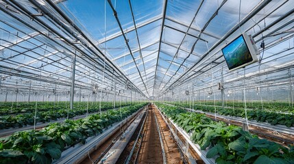 translucent photovoltaic panel array on agricultural greenhouse roof, intelligent drip irrigation cultivation racks below, background is crop growth monitoring screen and farmland	