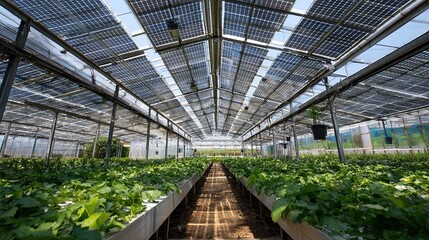 translucent photovoltaic panel array on agricultural greenhouse roof, intelligent drip irrigation cultivation racks below, background is crop growth monitoring screen and farmland	