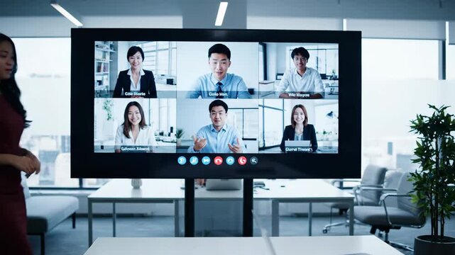 Diverse business people engage in a virtual meeting, fostering global collaboration and teamwork in a contemporary office environment.