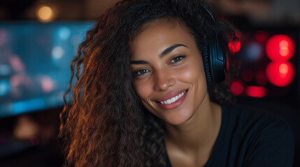 Fototapeta premium <Smiling Woman Gamer with Curly Hair Enjoying Online Gaming with Headphones in Vibrant Cozy Studio>