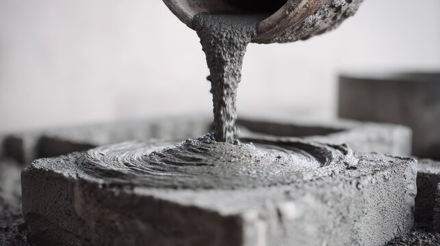 Close up shot depicts thick gray cement mixture pouring from a container into a mold during a construction or crafting process emphasizing texture and form.