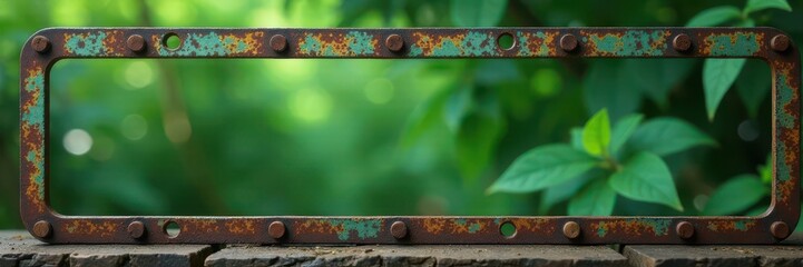 Rusty metal plate, circular holes, blurred green background, pattern, backdrop