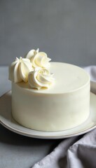 Simple white cake, glossy glaze, gray background, one cake, food photography, sweet