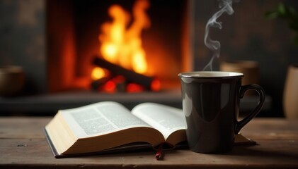 Steaming mug and open book resting on a wooden surface near a crackling fireplace , classic, cozy