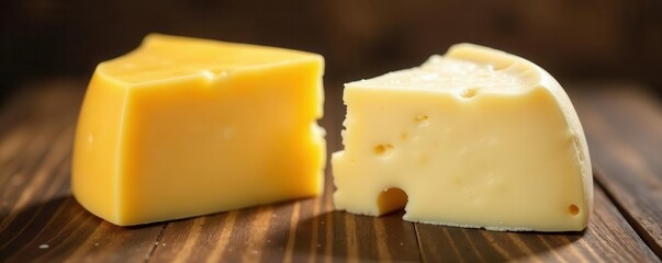 Two wedges of cheddar and brie, creamy textures , macro, closeup, triangle