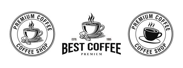 Coffee logo design. Badge, cafe, drink, morning, premium, quality. Vector template EPS 10	
