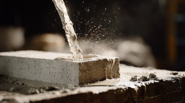 Close up view capturing water stream pouring directly into the top of a porous concrete brick during a construction or material testing process with dramatic lighting.