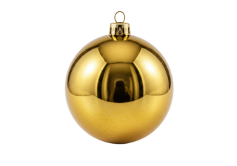A single, photorealistic golden christmas bauble with a high-polish mirror surface and detailed brass cap, isolated on a transparent background. concept of holiday luxury and simplicity