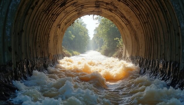 Storm water surges through concrete culvert pipe. Dirty river flows fast, heading towards green forest, under bright sky. Heavy rain caused flooding and eroded banks.