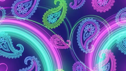 Vibrant Neon Paisley Patterns on Purple Background.