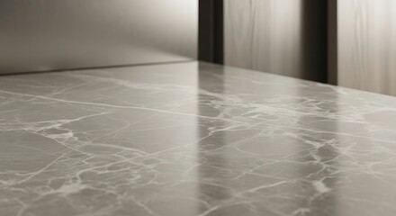 A close-up view of a sleek marble floor with a subtle sheen in a modern room
