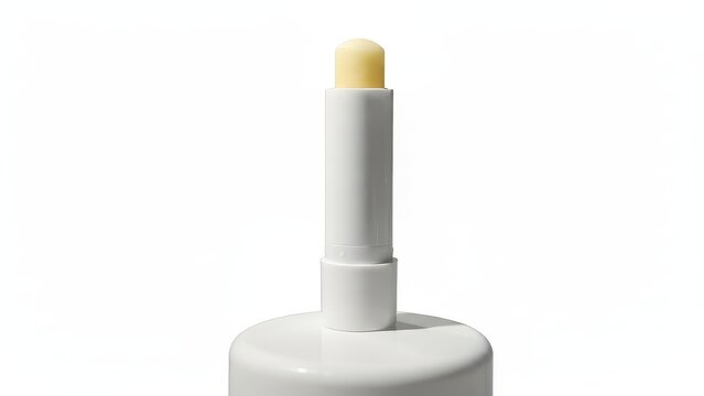 Close up studio shot of a white lip balm tube against a bright background