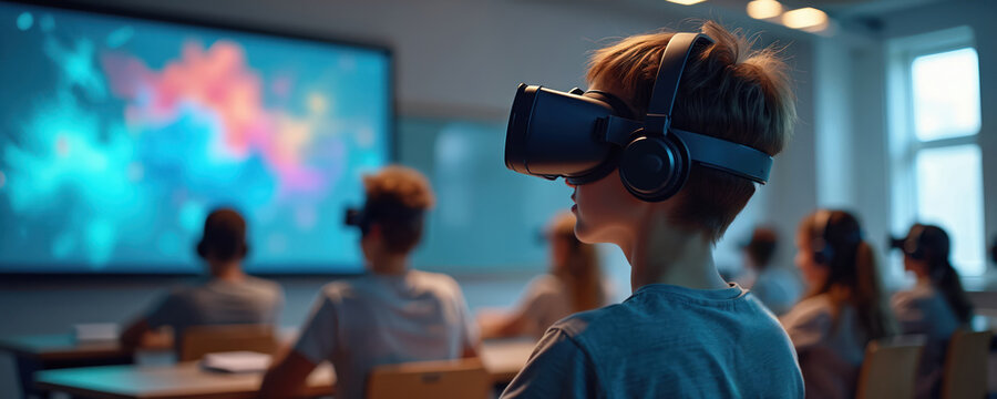 Students wear VR headsets in a classroom. Interactive virtual reality lesson with digital content displayed on screen. Futuristic education and learning experience. - Powered by Adobe