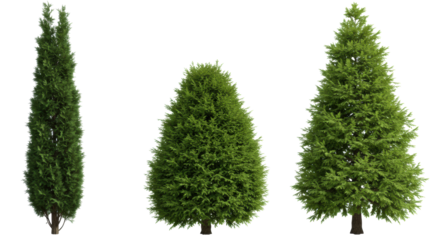three perfectly formed, hyper-detailed evergreen trees (cypress, thuja, cedar) displayed in a high-key studio setting against a transparent background. concept for botanical landscaping asset