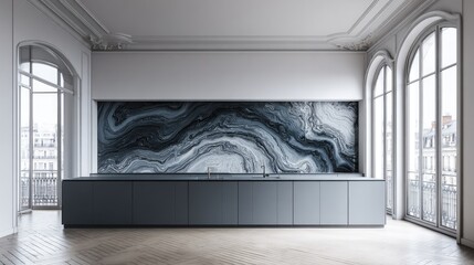 Modern kitchen design with marble backsplash and large windows