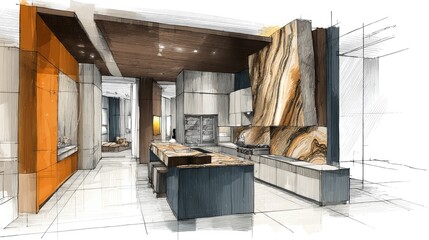 Modern kitchen interior design sketch illustrating architecture elements
