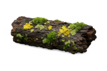 Decomposing log with green moss and yellow lichen growing on bark texture, transparent background