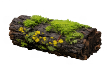 Fallen tree log showing vibrant green moss and yellow lichen growing on rough dark bark, transparent background