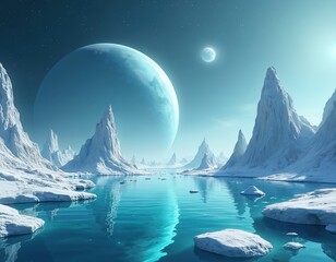 Alien planet landscape with huge blue moon and icy mountains surrounding reflective turquoise water. Cold atmosphere, distant stars visible in dark sky.