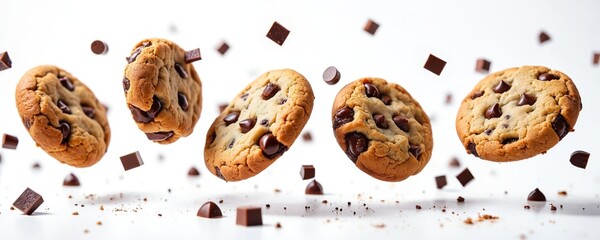 Chocolate chip cookies and pieces float midair against a clean white background. This image captures a delightful dessert in motion, perfect for food ads or creative projects.
