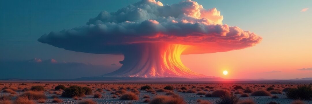 Mushroom cloud rising over desolate landscape, heat, nuclear