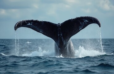 Obraz premium Humpback whale tail emerges from ocean water with splashes. Large marine mammal dives deep under blue sea surface showing flukes. Nature wildlife underwater view.