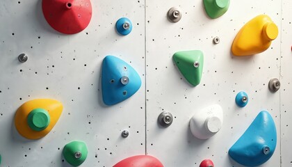 Colorful climbing grips on white wall. Various shapes and sizes for indoor bouldering gym. Athletes train strength endurance and balance on artificial rock.