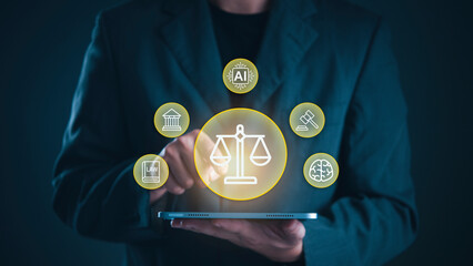 Businessman holding tablet glowing AI and legal icons, representing the intersection of artificial intelligence, technology, and justice system. Concept law, cyber regulations, digital compliance.