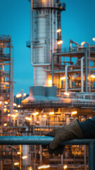 Aerial View of Illuminated Petrochemical Plant and Oil Refinery at Twilight Blue Hour
