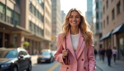 Obraz premium Young woman walks down city street in pink blazer holding purse. Smiles happily, blonde hair flowing. Stylish lady enjoys urban outing, looking confident, chic. Modern female embodies city life.