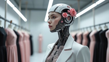 Cyborg woman fashion designer works with clothing collection in studio. Robot head with roses and futuristic style, AI creation of garments. Female model poses in avant-garde outfit.